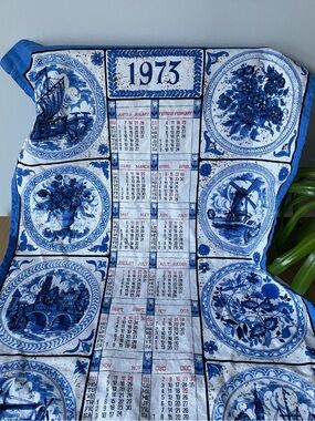 Vintage 1973 Blue & White Delft-Style Calendar Tea Dish Towel